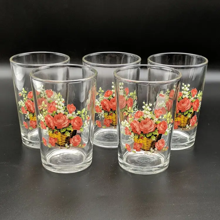 Vintage Red Orange Roses Juice Tumblers Glasses Set of 5 Briliant Indonesia KIG