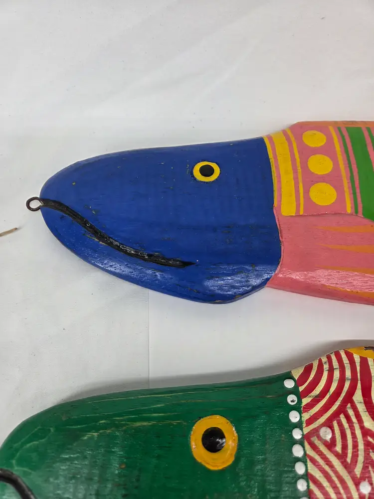 Whimsical Folk Art Fish Set Multicolored Wood Coastal Wall Hanging