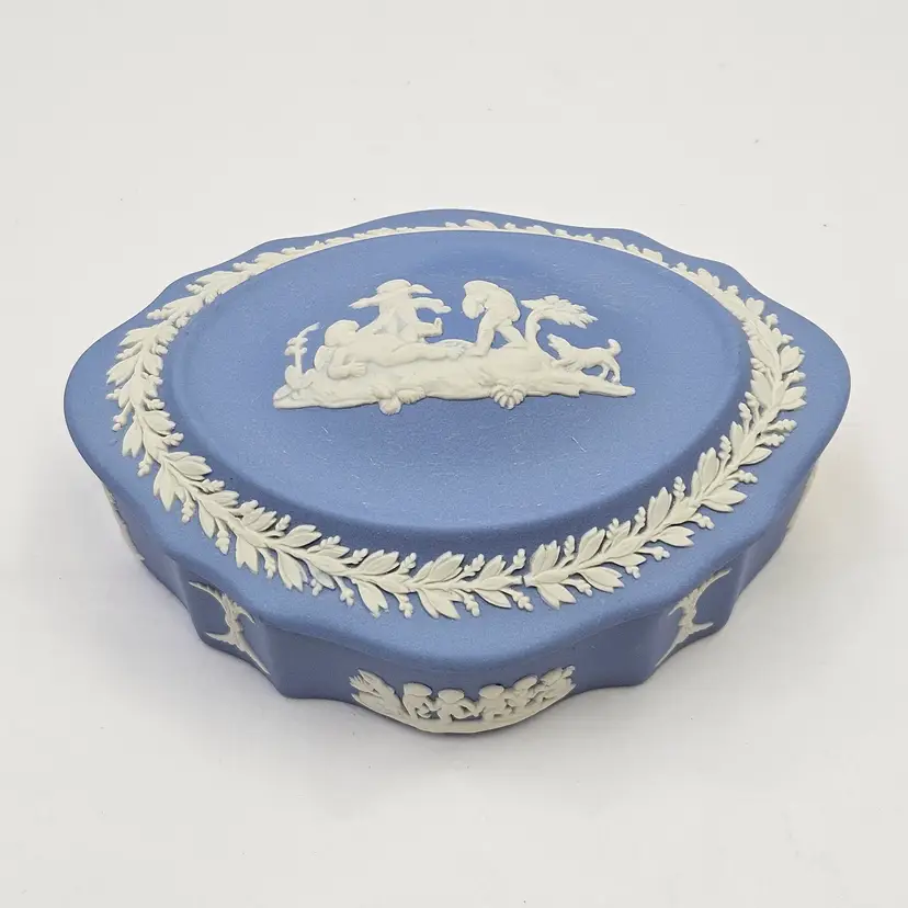 Vintage Wedgwood Blue Jasperware Scalloped Trinket Jewelry Box