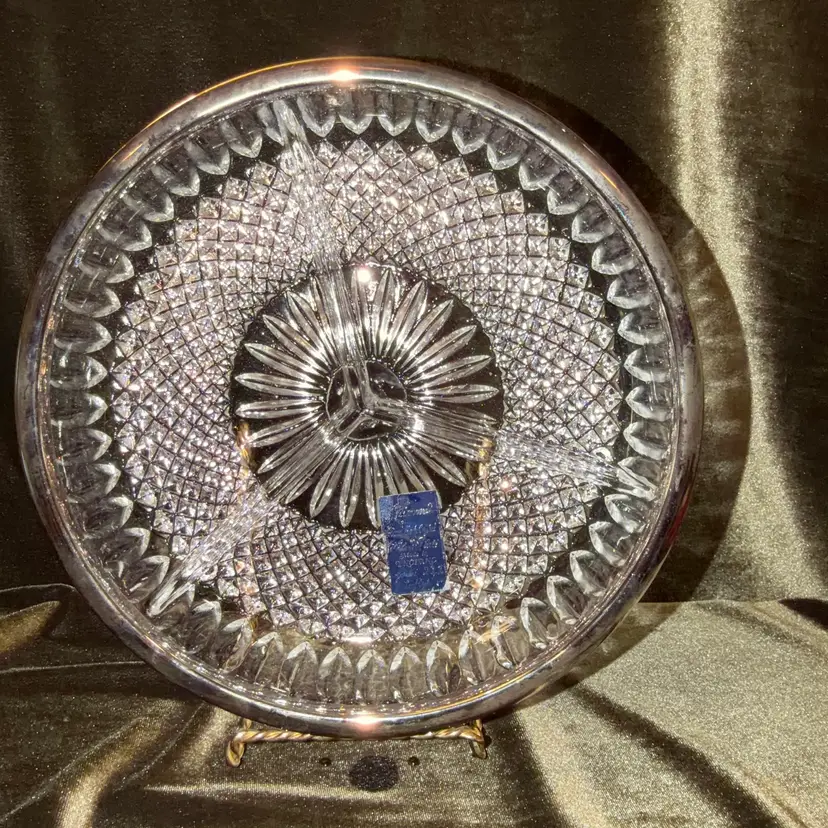 Vintage Divided Cut Glass Serving Dish with Silverware Rim