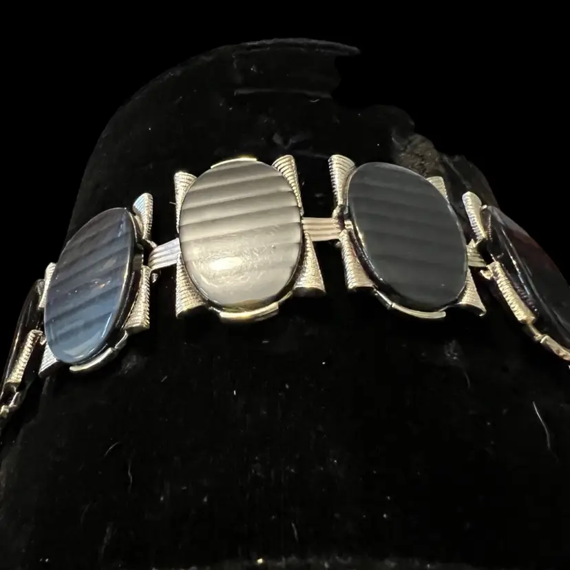 Vintage Silver Tone With Blue And Dark Gray Black Stripe Cabochons