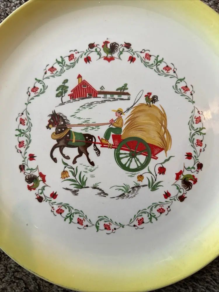 Vintage Salem GRANT CREST COUNTRY CHARM FARM HANDLED Platter SANDWICH/CAKE PLATE