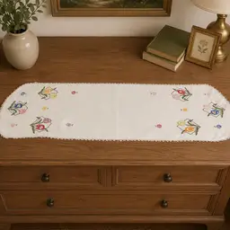 Vintage Hand Embroidered Dresser Scarf Table Runner - 37"x12" Floral Linen Vanity Decor