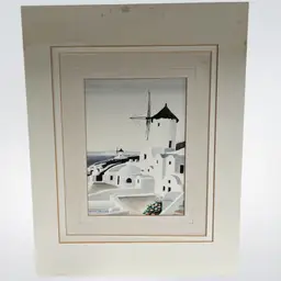 Beautiful Greek Original Watercolor – Santorini Windmill Scene, Artist Signed ’95 – 5x7 (Triple Mat 14x11)