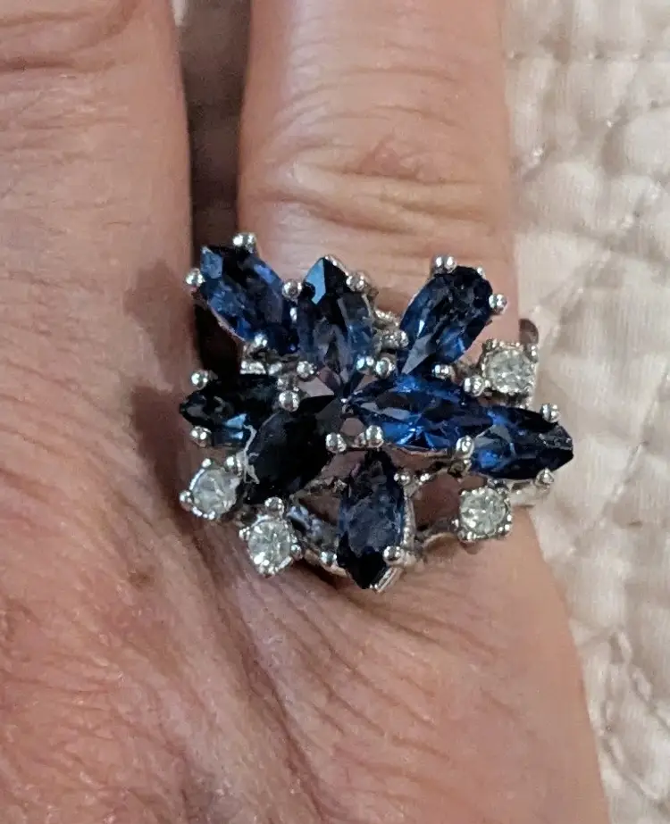 Vintage Classic 1960's Cocktail Ring with Blue Sapphire and White Diamond Colored Marquis Cut Stones, 8K HGE White Gold, Size 6