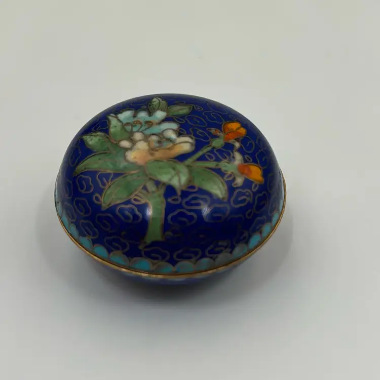 Old Chinese Cloisonne Blue Enamel Flower Design Trinketbox