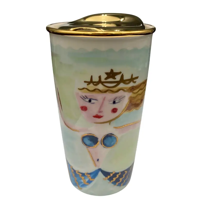 Starbucks 2014 Siren Mermaid Ceramic Tumbler, Gold Lid, Double Tail, Double Wall