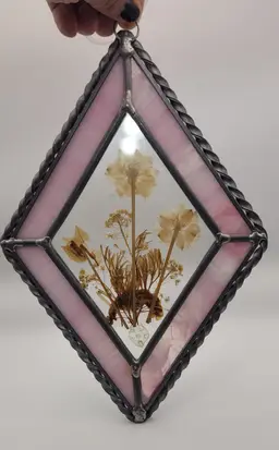 Diamond Shaped Stained Glass Purple With Pressed Flowers Boho Sun Catcher