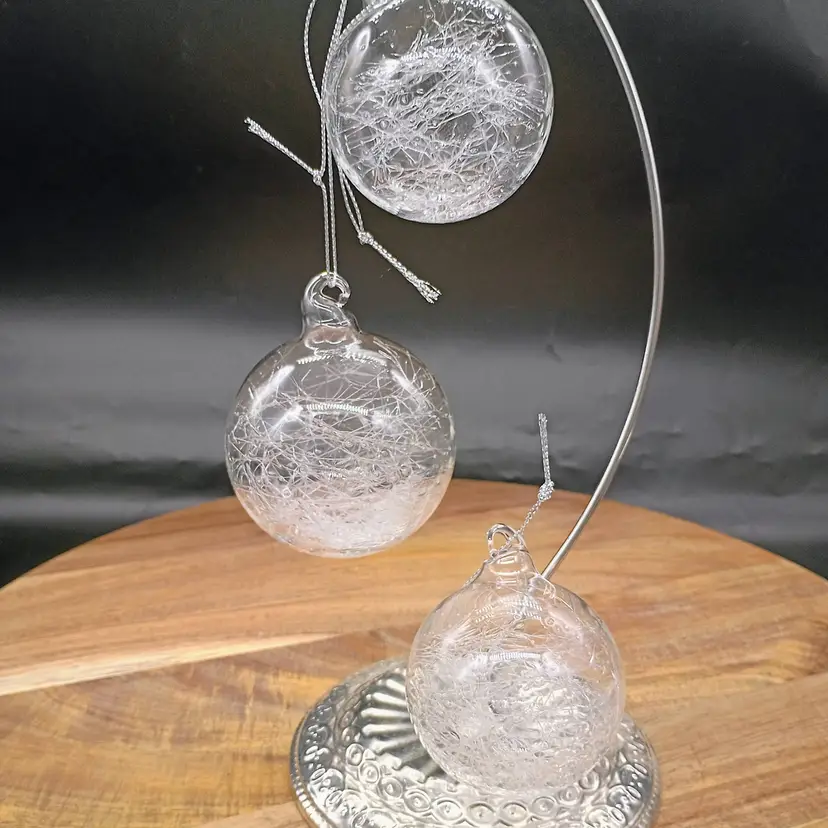 Set of 3 Hand Blown Clear Art Glass Spun Glass Reflector 2-3 Diameter Ornaments