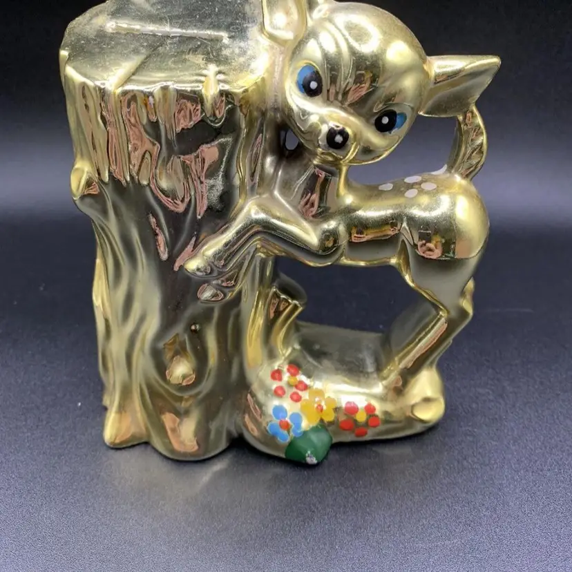 Bambi Deer Coin Bank 5½” 1960’s Japan Brinn's Gold Tone Ceramic Fawn Kitschy