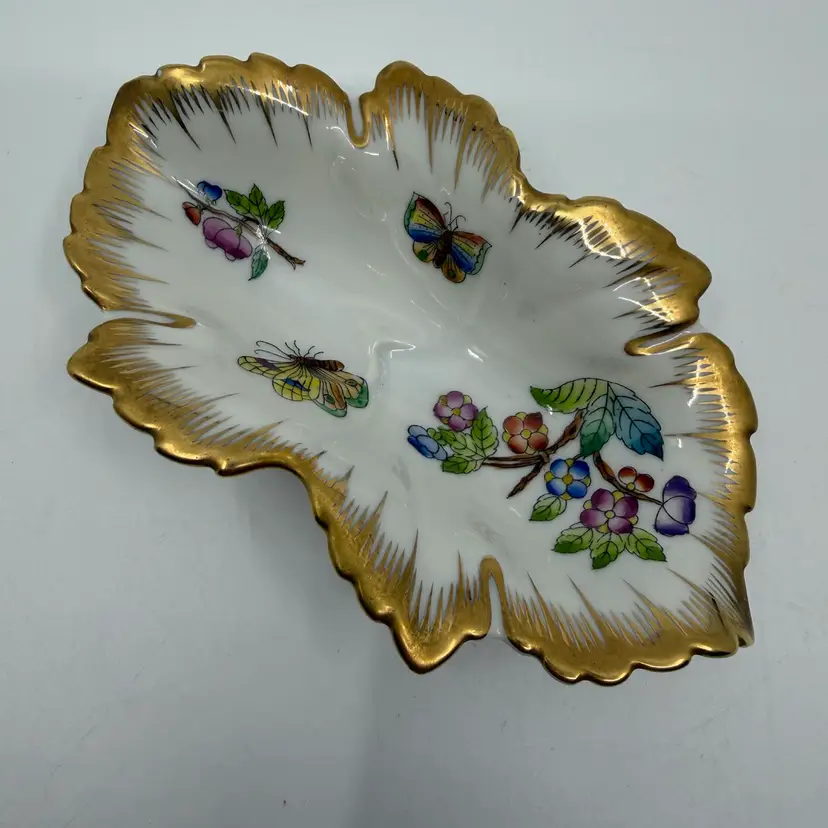 Vintage Herend Hungary Porcelain Multicolor Butterflies W Gold Rim Nut Dish