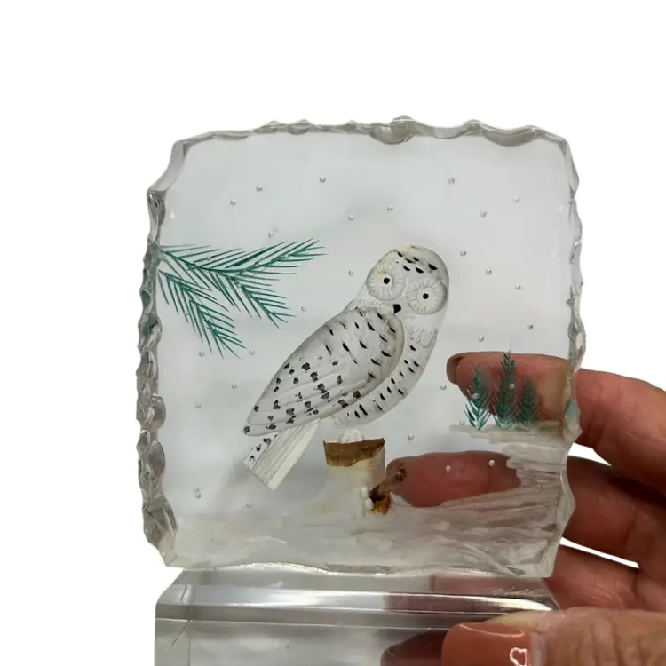 Acrylic Snow owl Signed Wald @ 4 1/2x4 Couple Of Scratches On Bottom