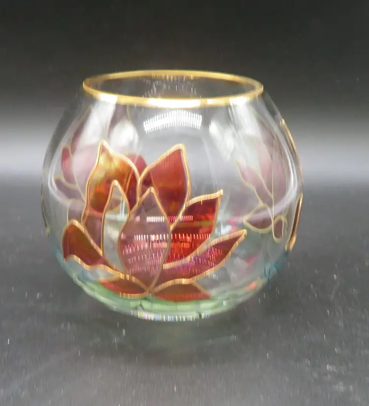 Vintage Stained Glass Floral Vase Rose Bowl with Gold Accents