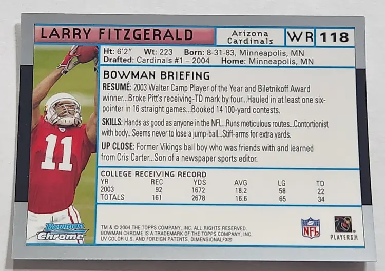 Larry Fitzgerald 2004 Bowman Chrome Rookie Card