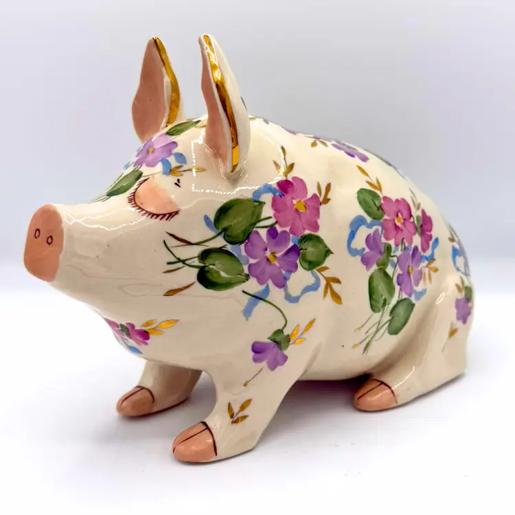 Vintage Floral Ceramic Pig Figurine Statue Country Cottagecore Farmhouse Decor