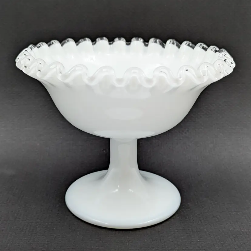 Fenton Silver Crest Ruffled Milk Glass Fenton Compote Candy Nut Dish