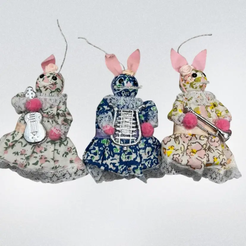 As Is Handmade Easter Bunny Ornaments Musical Trio 4”
