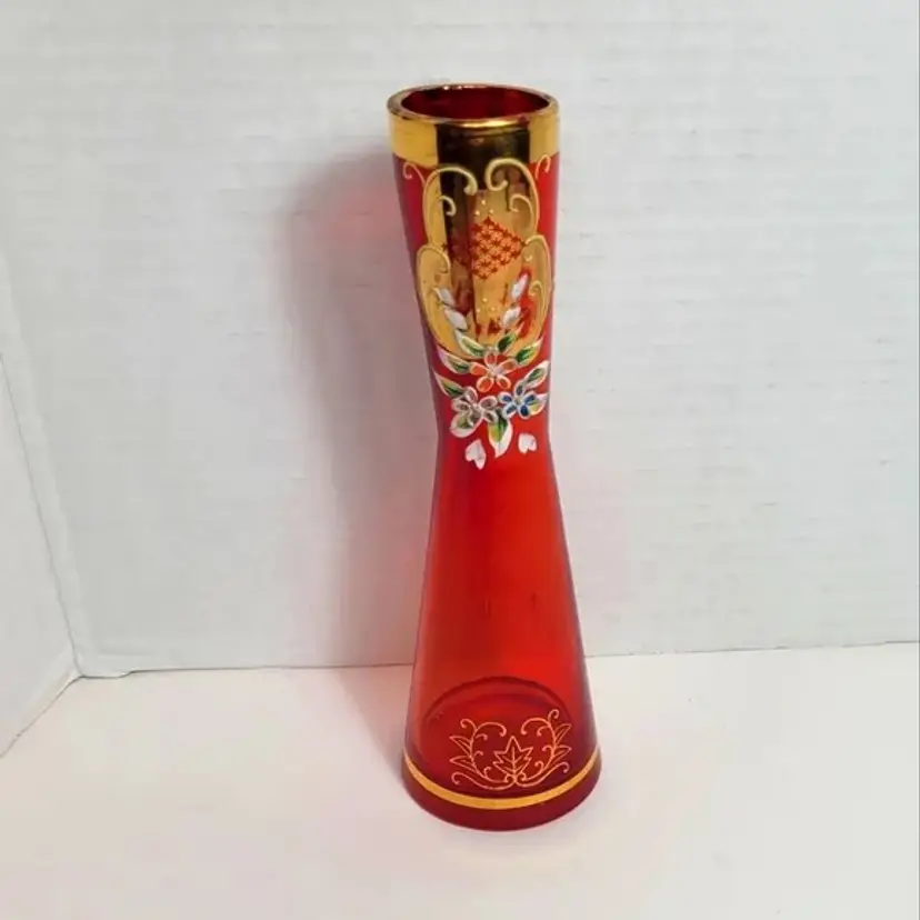 Gorgeous Vintage Bohemian Handpainted Ruby Red Glass Bud Vase with Gold Accents