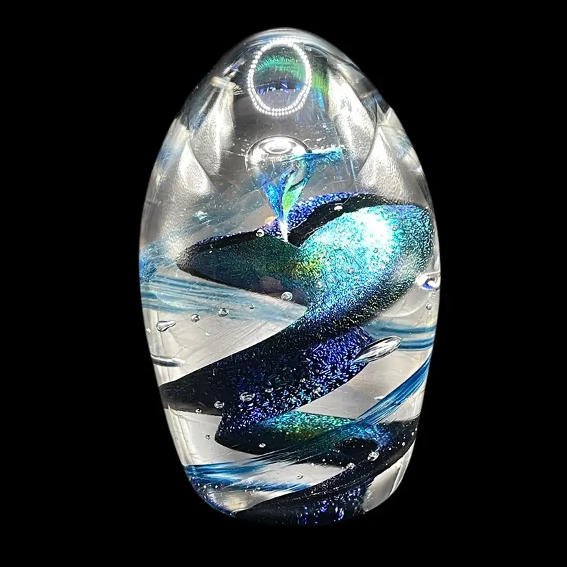 1996 Art Glass Signed Dichroic Blue Helix Swirl Paperweight Signed by Artist