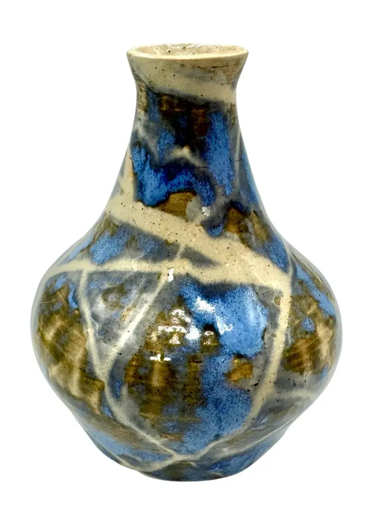 Signed Mark Studio Art Pottery Bud Vase Blue Brown Green Beige Drip Glaze 4”