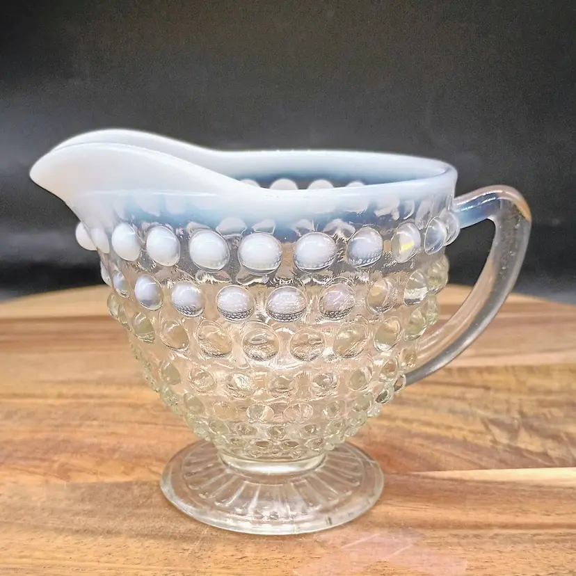 Vintage Anchor Hocking Glass Moonstone Clear Opalescent Hobnail Footed Creamer.