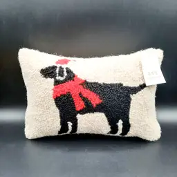 Christmas Black Lab Dog with Red Scarf Hooked Pillow Peking Handicraft