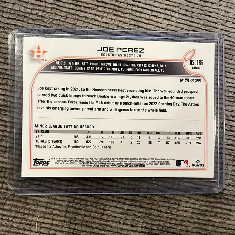 Joe Perez Pink Refractor Rookie. Houston Astros. 2022 Topps Chrome 