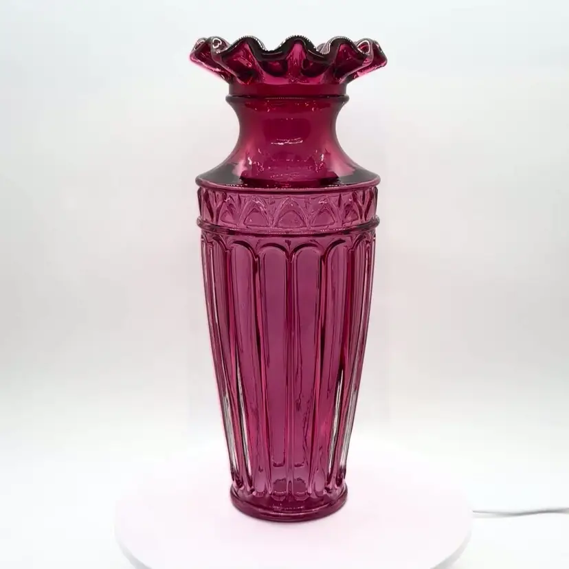 Vintage Fenton Cranberry Pink Glass Vase Ruffled Rim Fluted Column Design Ribbed