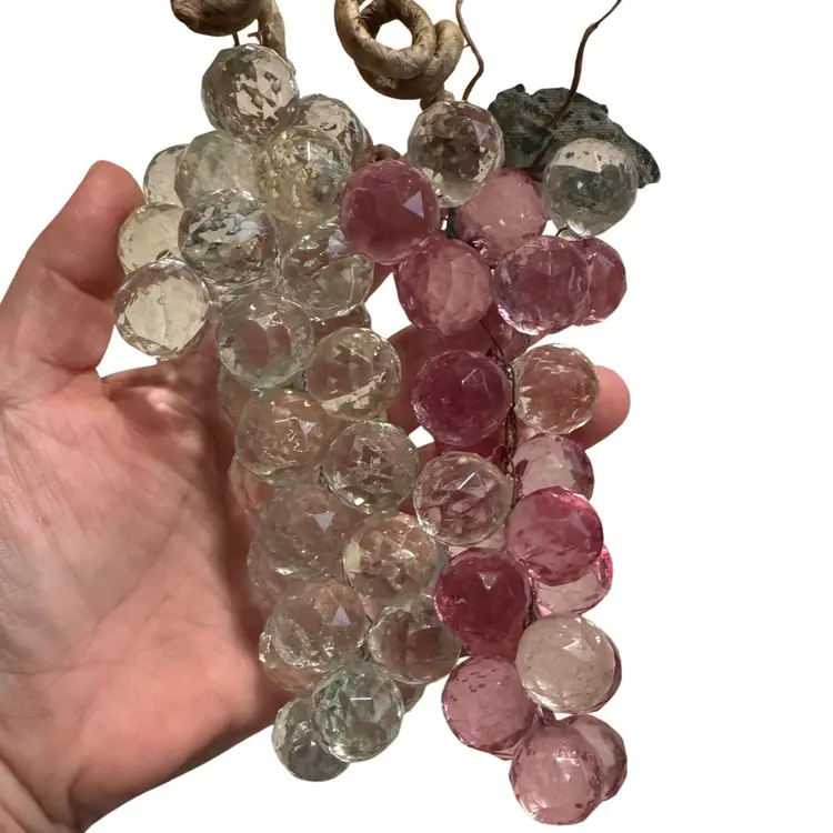 2 Vintage Acrylic Pink Light Green Faceted Grape Clusters Wired 1970s MCM