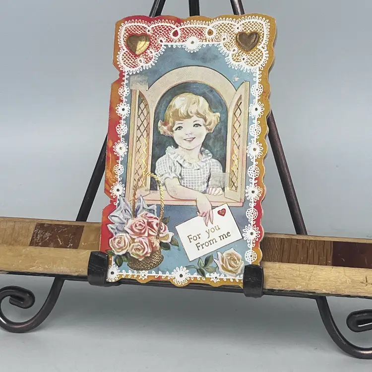 Antique Valentine Card 1910s Die Cut Lace Child at Window For You From Me Romantic Poem