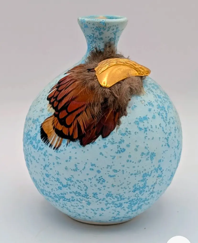 Vintage New Tracks Vase, Robin Egg Blue Decorated with Real Feathers.