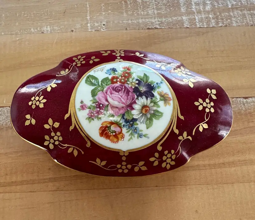 Vintage Limoges France Hand Painted For VTB Red Floral Trinket Box