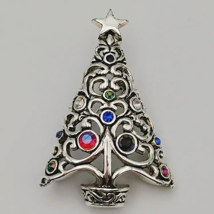 Christmas Tree Silver Tone Multicolored Rhinestone Brooch Pendant
