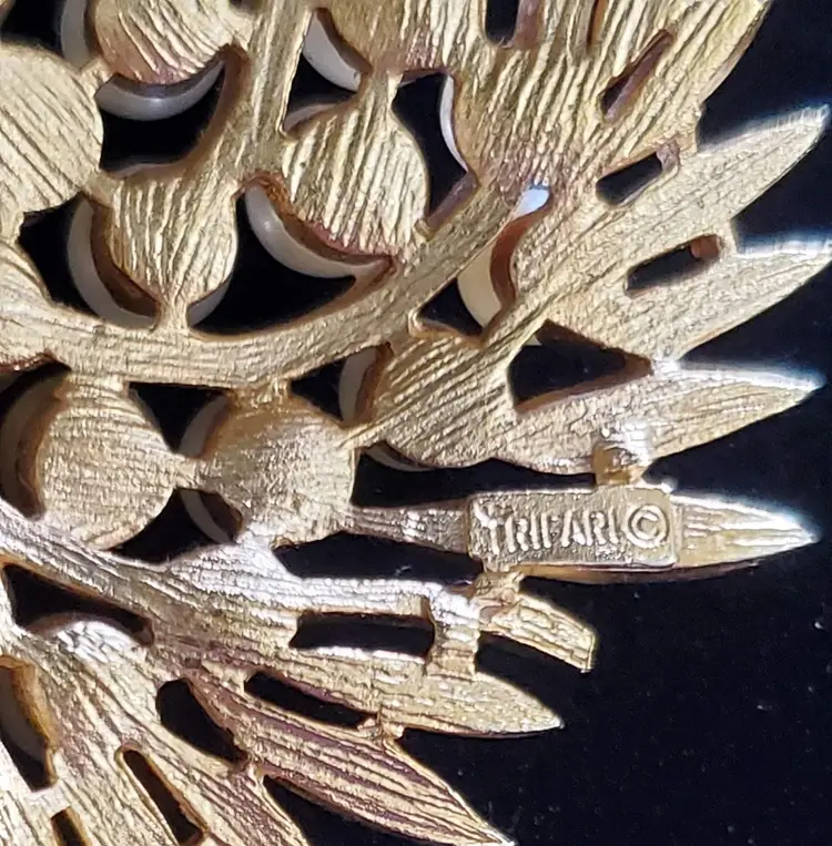 Trifari Brooch Gold Tone and Faux Pearl Floral Brooch Pin