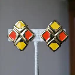 Vintage Monet Clipon Earrings Gold Tone Yellow Orange Enamel