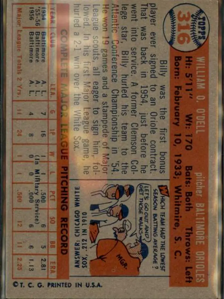1957 Topps #316 Billy O'Dell - ( pk1 ) - Baltimore Orioles