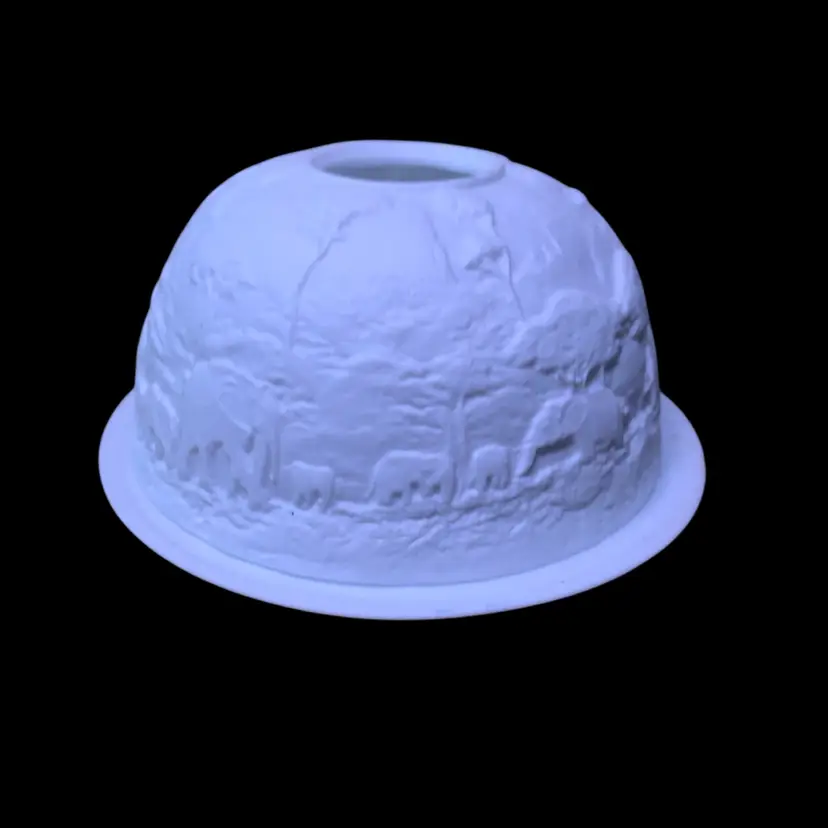 13. Porcelain Lithophane Tealight Holder – Elephant Safari Scene – White Bisque Candle Shade