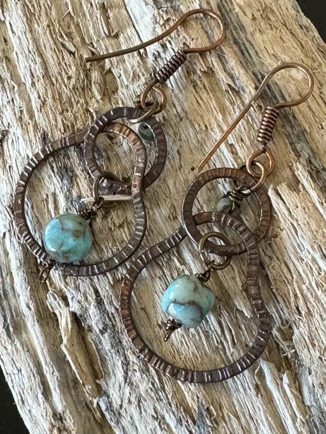 #6 Bronze Copper And Brass Freeform Dangle Earrings With Green Chalcedony Gemstone Beads 2 1/4”