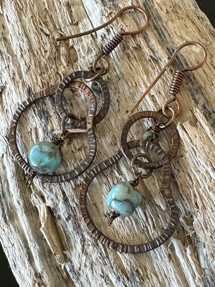 #6 Bronze Copper And Brass Freeform Dangle Earrings With Green Chalcedony Gemstone Beads 2 1/4”