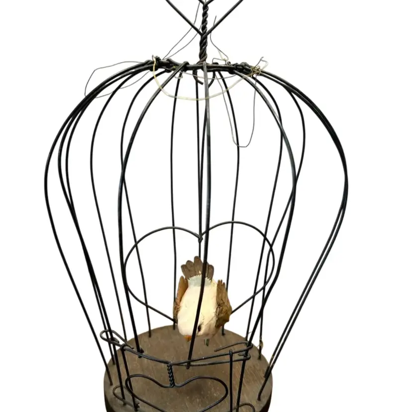 @13” Tall Metal Wire With Wood Base Decorative Bird Cage With Clip On Bird