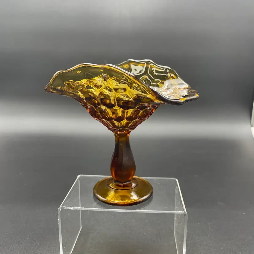 Fenton Glass Amber Thumbprint Small Pedestal Banana Boat Dish Fall Autumn