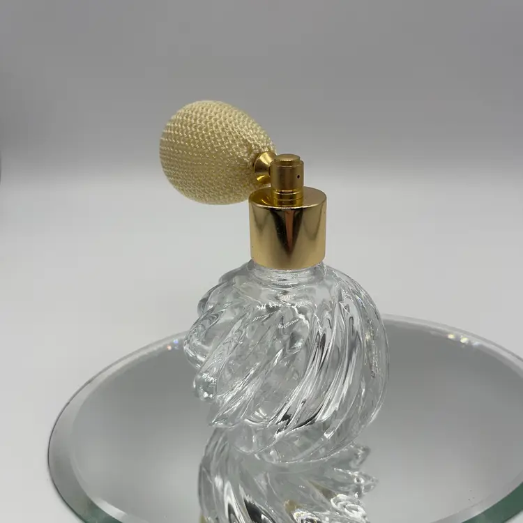 Clear Perfume Vintage Bottle w/ Atomizer and Gold Toned | 3.75”