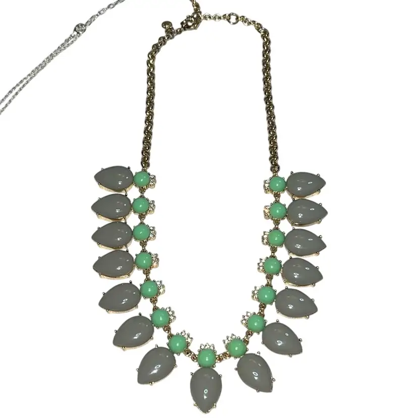 J Crew Statement Goldtone and Enamel/Rhinestone Necklace Gray & Green Adjustable Length