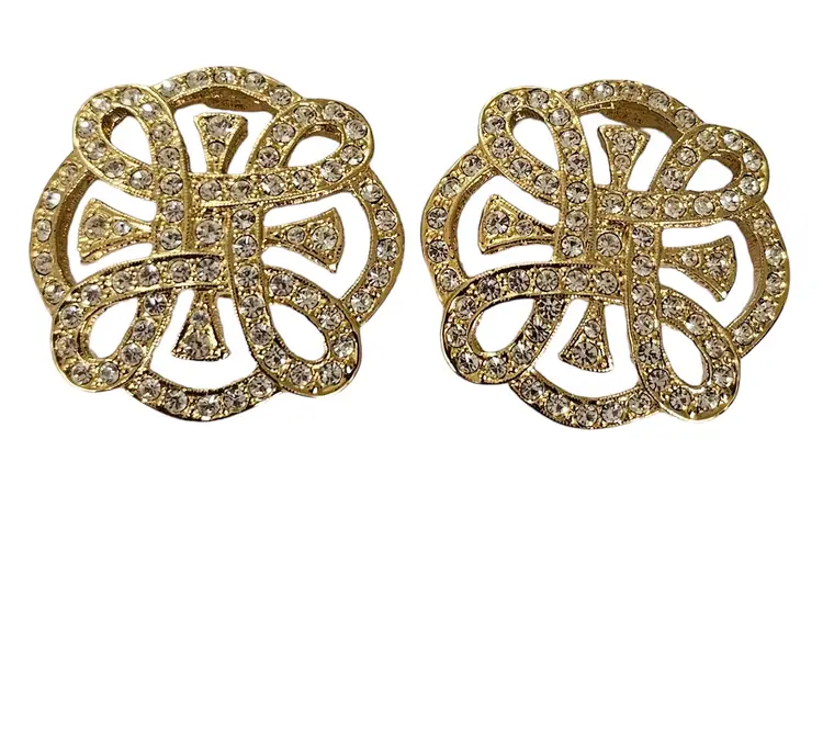 Gold Tone Clear Rhinestone Irish, Love Mobius Knot Clip On Earrings L236