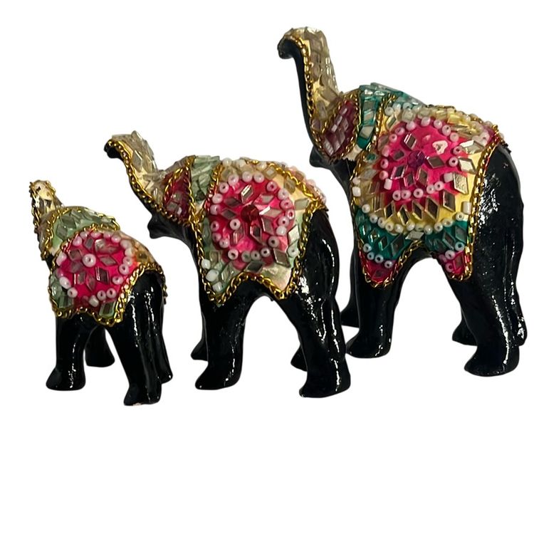 Set Of 3 Vintage Paper Mache Clay Lak Glittering Combo Rajasthani Beautifully Designed Elephant Showpiece