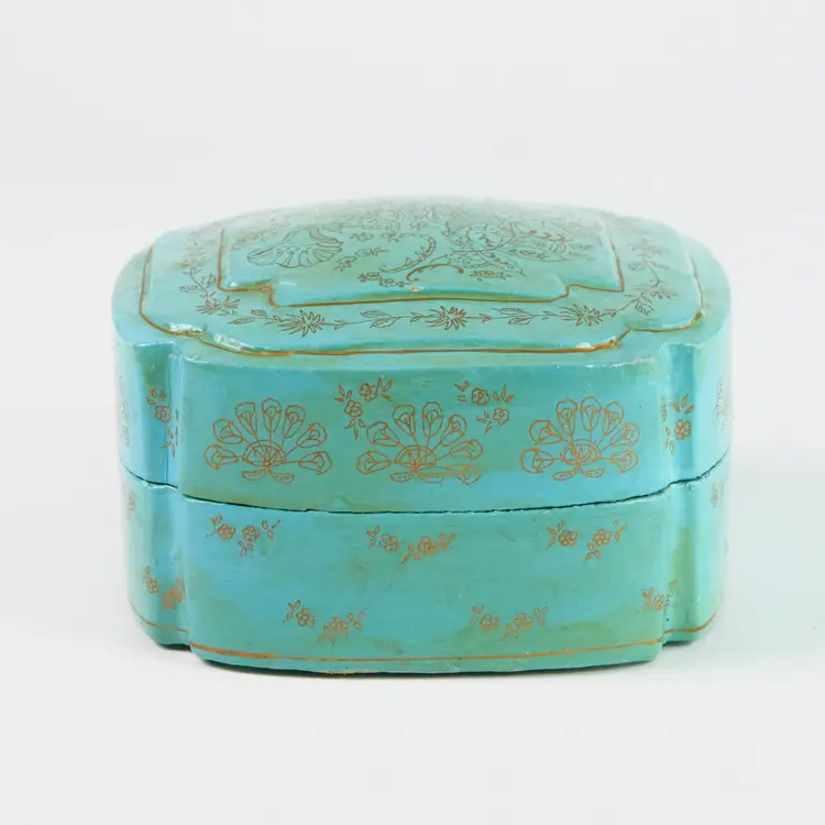 Hand Painted Turquoise Paper Maché Box - Vintage Kashmir 5" w