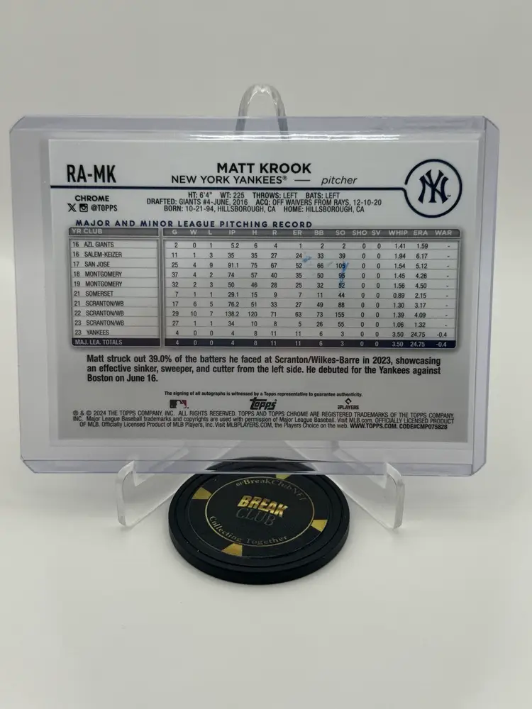 Matt Krook RC Auto 2024 Topps Chrome - New York Yankees