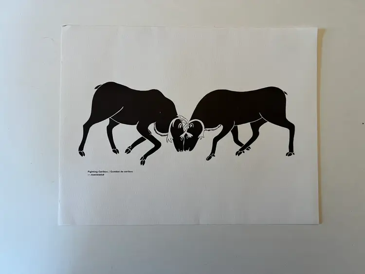 1970s Inuit Art Print - Fighting Caribou- Juanisialuk - Vintage Eskimo La Fédération des Coopératives du Nouveau Quebec