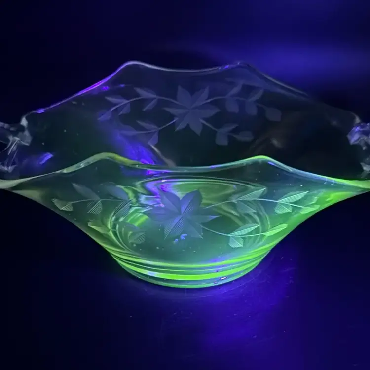 Pink Etched Depression Glass Dish - UV Glows