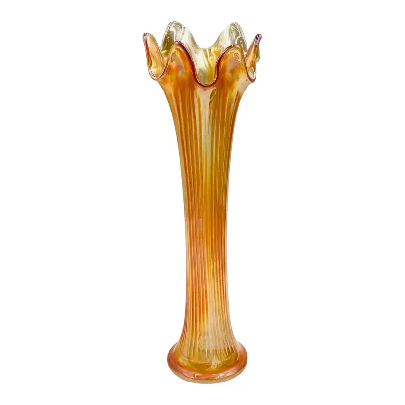 Fenton Carnival Glass Iridescent Marigold Swung Fine Rib Vase Vintage MCM